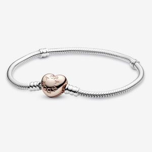 Pandora Moments Two Tone Heart Clasp Snake Chain Bracelet Size 9in.